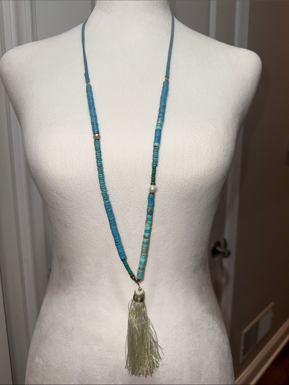 Anthropologie Serefina handmadeLong Turquoise Beaded Tassel Necklace - Blue/Gree